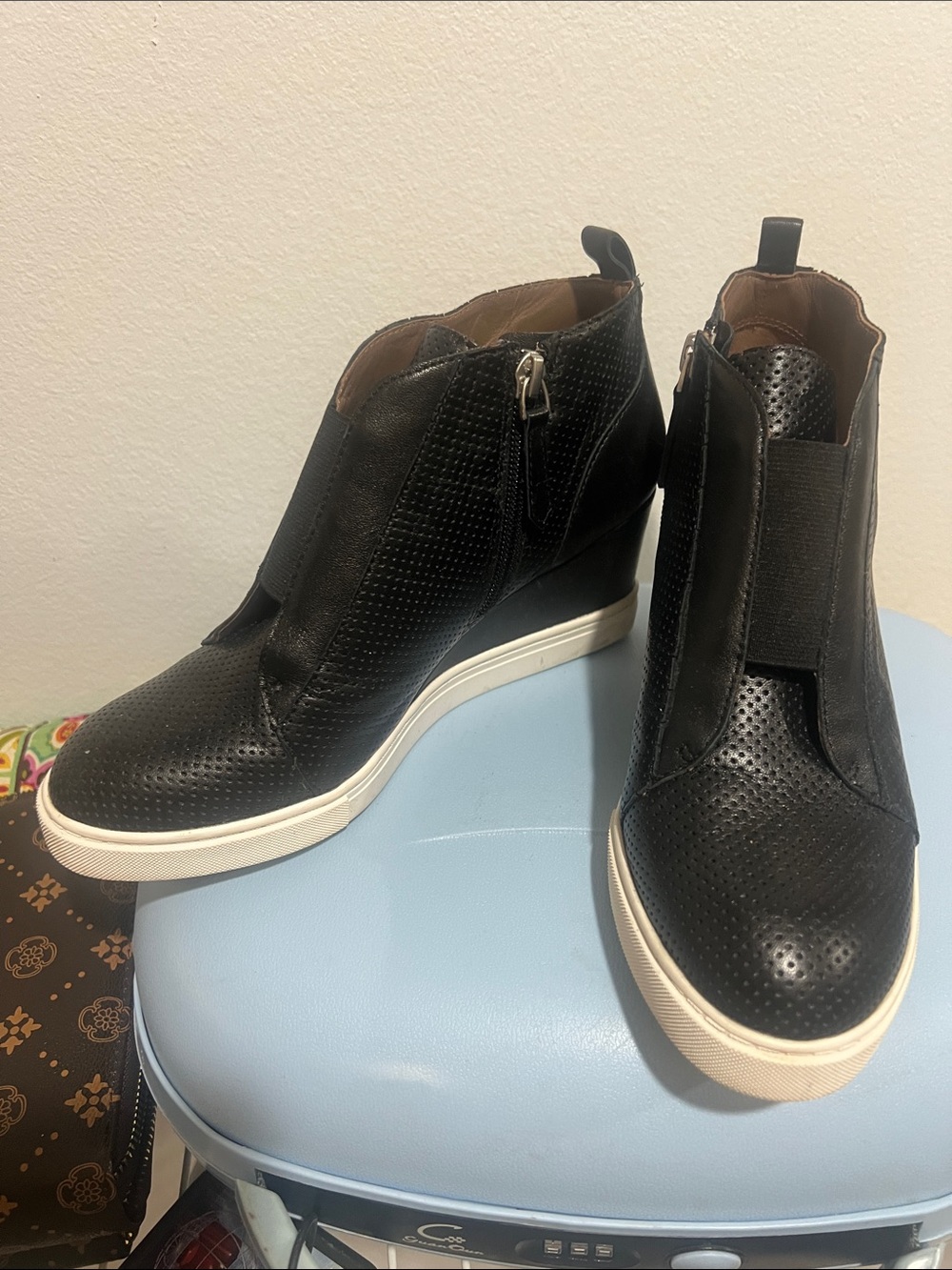 Black Perforated Wedge Sneaker Boot - Women's